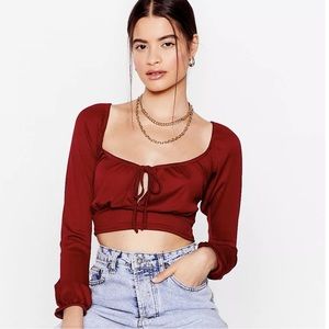 Nasty Gal Square Neck Long Sleeve Tie Crop Top